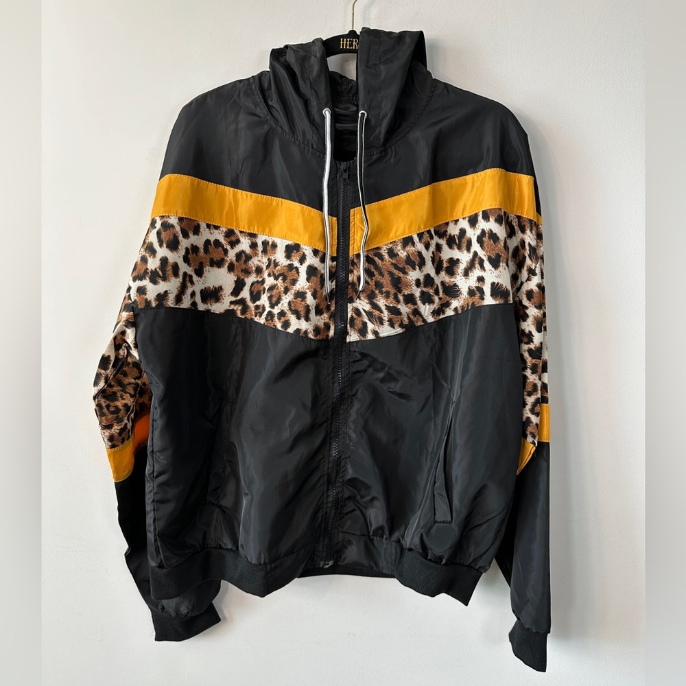 Black & Leopard Print Windbreaker Hooded Track Jacket With Pockets Size L - Picture 3 of 11
